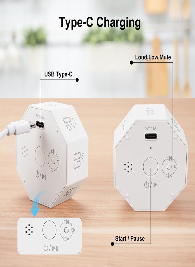 Kaflin Small Rechargeable Pomodoro Timer, Gravity Sensor Auto-Rotating 7 Preset Times (1/3/5/15/30/60/90 min) & Count Up Mode, Digital Kitchen Timers for Cooking, Work and Study (Pearl White) - Image 4