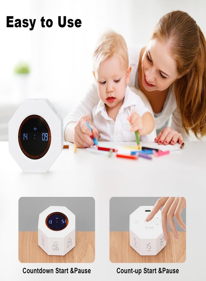 Kaflin Small Rechargeable Pomodoro Timer, Gravity Sensor Auto-Rotating 7 Preset Times (1/3/5/15/30/60/90 min) & Count Up Mode, Digital Kitchen Timers for Cooking, Work and Study (Pearl White) - Image 3