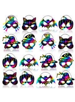 Max Fun 36Pcs Halloween Rainbow Scratch Mask, Art Craft Kit For Kids Birthday Cosplay Classroom Decoration, Magic Scratch Paper Halloween Party Favor Supplies Bat Witch Pumpkin Zombie Pirate Skull  - Image 1