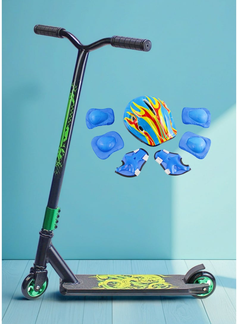 إيزي فيتشور سكوتر حركات بهلوانية بعجلتين من إيزي فيوتشر - سكوتر احترافي للحركات البهلوانية، مزود بشريط تثبيت من الألومنيوم، وعجلات ألومنيوم ١١٠ مم، ومقود عريض على شكل حرف T، وفرامل فولاذية، وخفيف الوزن، ودوار بزاوية ٣٦٠ درجة. مناسب للمبتدئين والمتوسطين، مع مجموعة كاملة من معدات الحماية. - Image 1