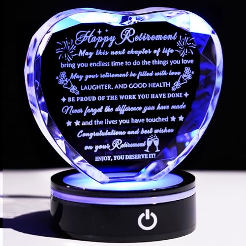YWHL Retirement Gifts for Women Men Best Happy Retirement Gifts with LED Base Crystal Heart Keepsake Farewell Retired Plaque Gift Idea for Retiree Friends Boss Teacher Coworker Nurse - Image 1