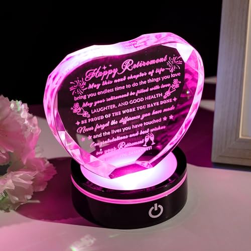 YWHL Retirement Gifts for Women Men Best Happy Retirement Gifts with LED Base Crystal Heart Keepsake Farewell Retired Plaque Gift Idea for Retiree Friends Boss Teacher Coworker Nurse - Image 5