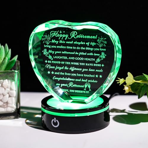 YWHL Retirement Gifts for Women Men Best Happy Retirement Gifts with LED Base Crystal Heart Keepsake Farewell Retired Plaque Gift Idea for Retiree Friends Boss Teacher Coworker Nurse - Image 2