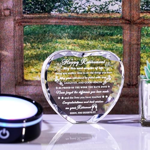 YWHL Retirement Gifts for Women Men Best Happy Retirement Gifts with LED Base Crystal Heart Keepsake Farewell Retired Plaque Gift Idea for Retiree Friends Boss Teacher Coworker Nurse - Image 4