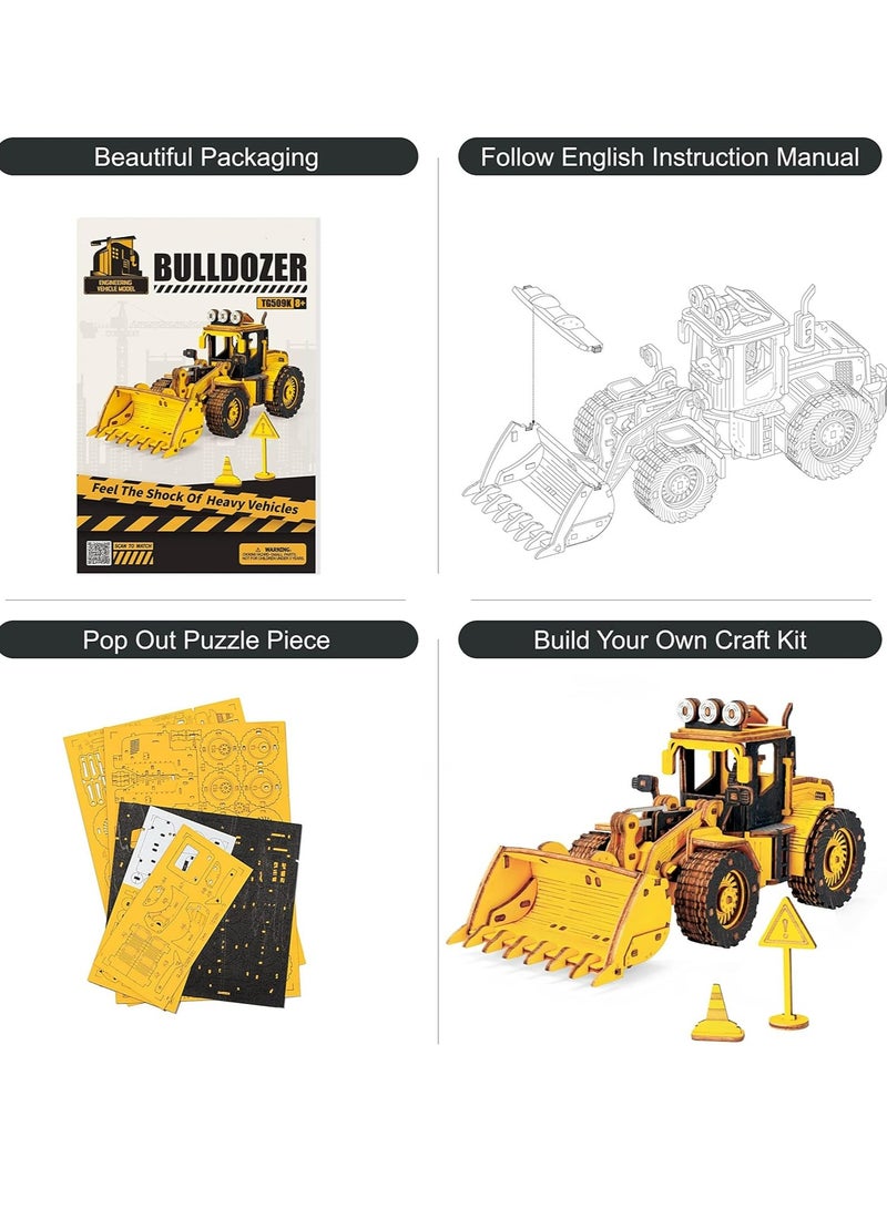 Robotime ROKR Bulldozer Engineering Vehicle 3D Wooden Puzzle TG509K,Assembly Brain Teaser 3D Wooden Puzzle DIY Build Model Crafts Kits, Unique Gifts and Home Decor for Teens or Adults - Image 4