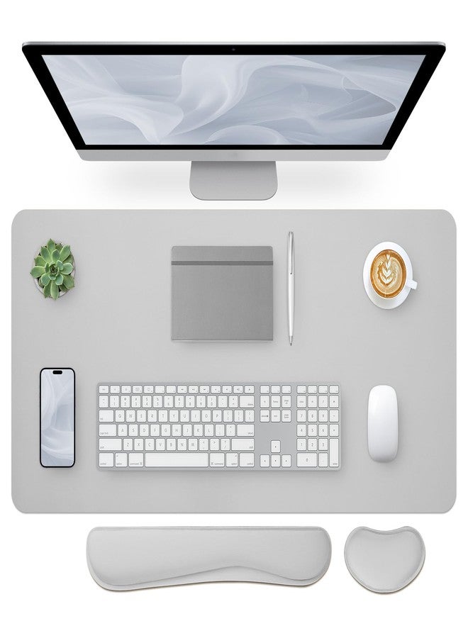 Bloss Leather Desk Pad and Keyboard Wrist Rest, Large Mouse Pad + Keyboard Pad+Mouse Wrist Support, Non-Slip Desk Mat Protector for Office, Home(31.5×15.7 Inches, Light Grey) - Image 1
