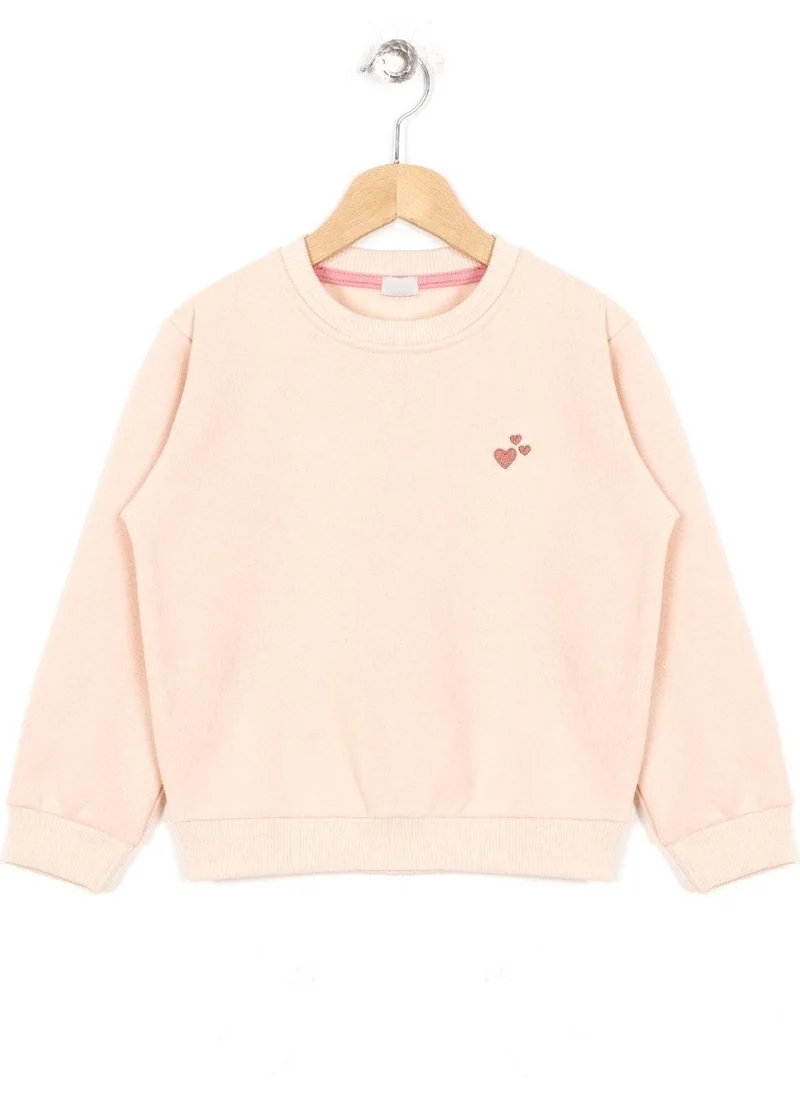 زيبكيدز Crew Neck Long Sleeve Heart Embroidered Salmon Color Girls Sweatshirt
