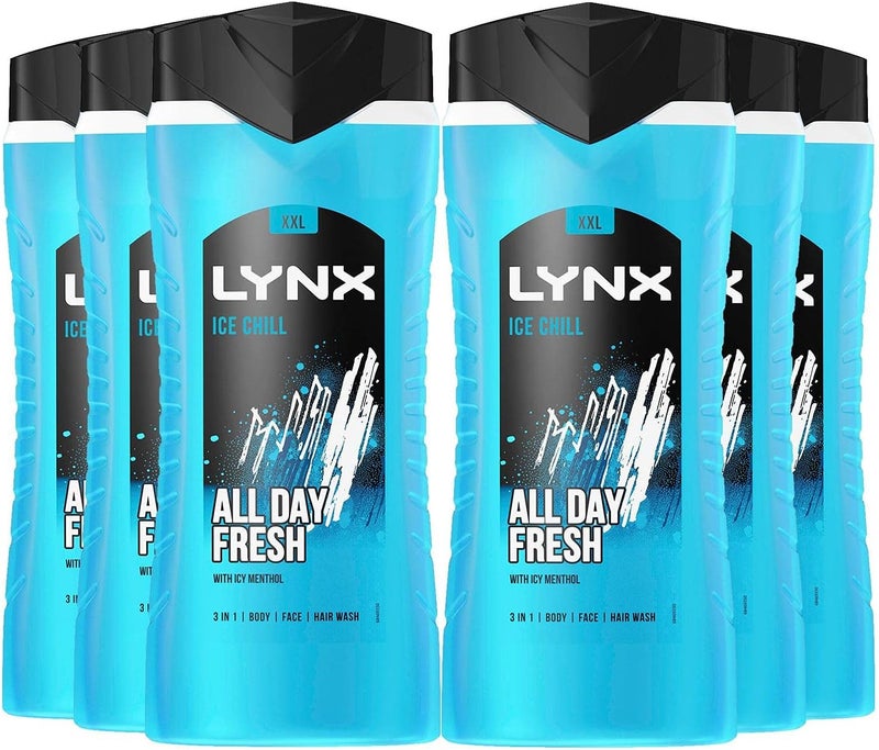 6 Pack of 500ml Lynx 3in1 Ice Chill All Day Fresh with Icy Menthol Body wash Wash 225ml with Plantbased Moisturisers Dermatologically Tested Keep Smelling Irresistible