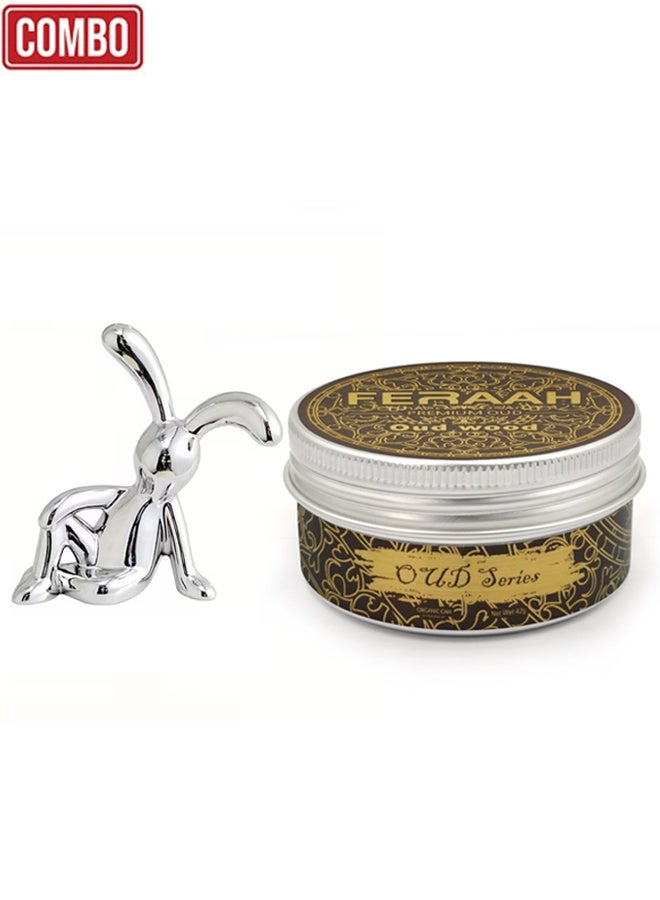 تمثال أرنب فضي مزخرف + معطر جو للسيارة برائحة خشب العود من فيرار | جل عضوي، رائحة تدوم طويلاً، مجموعة ديكور مثالية للمنزل والمكتب ولوحة قيادة السيارة - Image 1