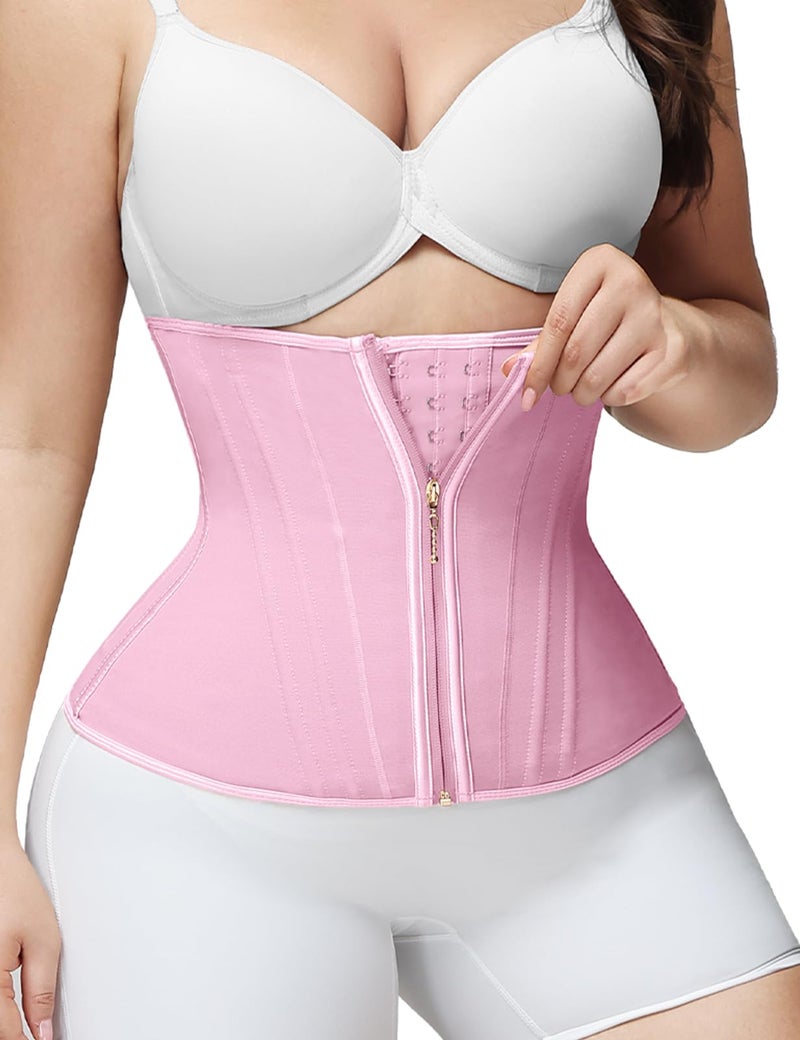 SHAPSHE Waist Trainer for Women Tummy Control Workout Waist Cincher Corset Shapewear Postpartum Body Shaper Faja with Zipper Hook Pink