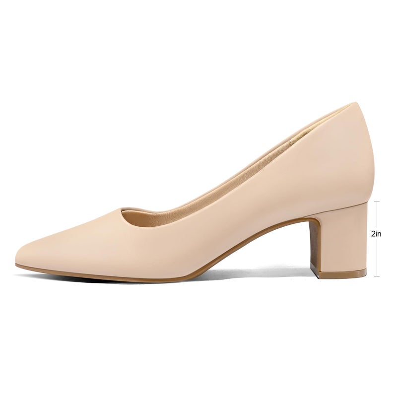 mysoft Women's Pointed Toe Pumps 2 Inch Chunky Block Low Heels Dressy Shoes Slip On Pumps Nude - Image 3