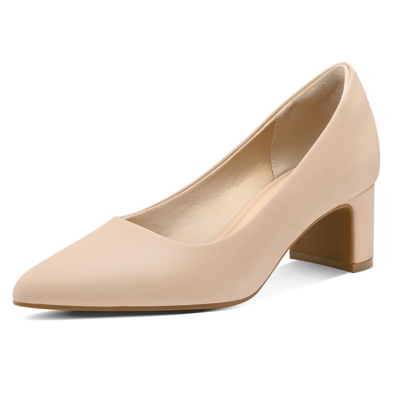 mysoft Women's Pointed Toe Pumps 2 Inch Chunky Block Low Heels Dressy Shoes Slip On Pumps Nude - Image 1