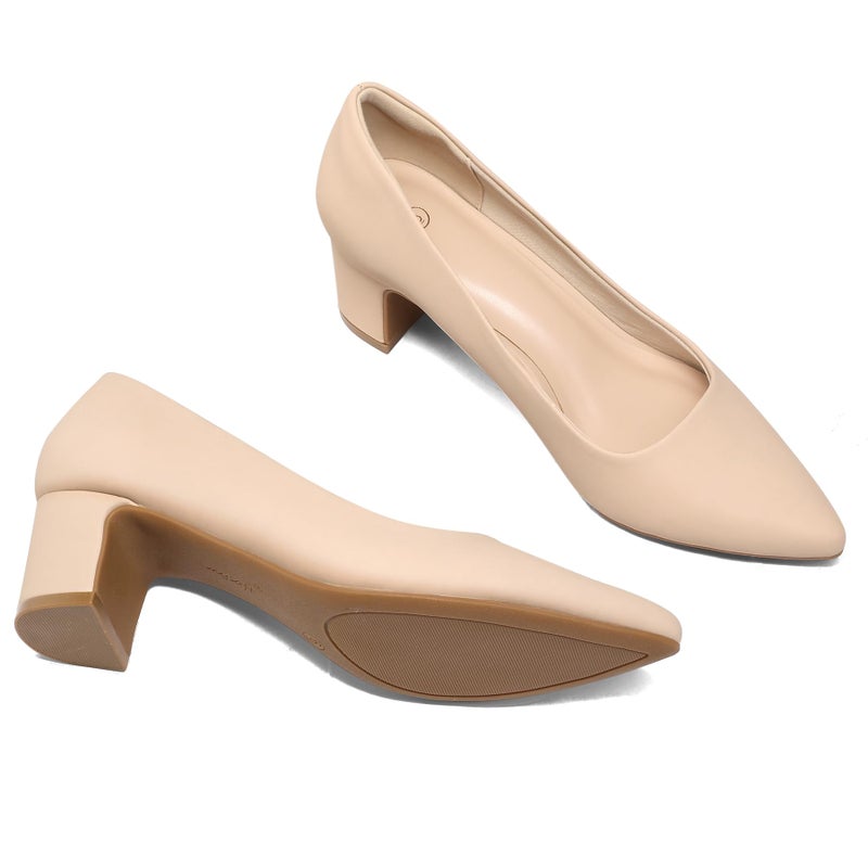 mysoft Women's Pointed Toe Pumps 2 Inch Chunky Block Low Heels Dressy Shoes Slip On Pumps Nude - Image 5