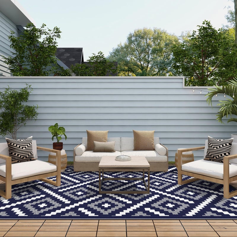 GENIMO Outdoor Rug for Patio Clearance, 6'x9' Waterproof Camping Mat, Reversible Plastic Straw Rugs for RV, Camper, Balcony, Backyard, Picnic, Deck (Mix Navy Blue White) - Image 4