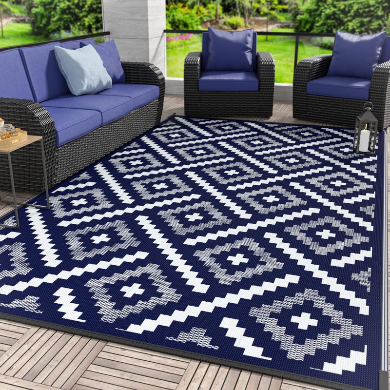 GENIMO Outdoor Rug for Patio Clearance, 6'x9' Waterproof Camping Mat, Reversible Plastic Straw Rugs for RV, Camper, Balcony, Backyard, Picnic, Deck (Mix Navy Blue White) - Image 1