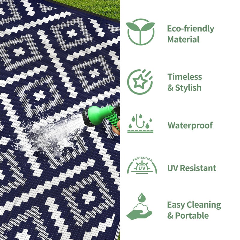 GENIMO Outdoor Rug for Patio Clearance, 6'x9' Waterproof Camping Mat, Reversible Plastic Straw Rugs for RV, Camper, Balcony, Backyard, Picnic, Deck (Mix Navy Blue White) - Image 5