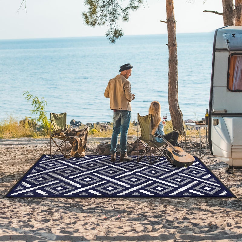 GENIMO Outdoor Rug for Patio Clearance, 6'x9' Waterproof Camping Mat, Reversible Plastic Straw Rugs for RV, Camper, Balcony, Backyard, Picnic, Deck (Mix Navy Blue White) - Image 2