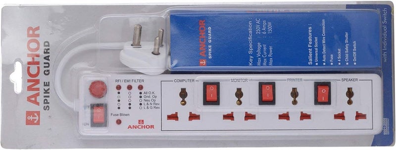 Anchor by Panasonic 4 way 6A Universal Socket with 3 Switch & 1 Master Switch | 4 Way Extension Board with 1.5 Mtr Extension Cord | Multi Plug Socket for Home Wall, Office (22568-PK2) - Image 3