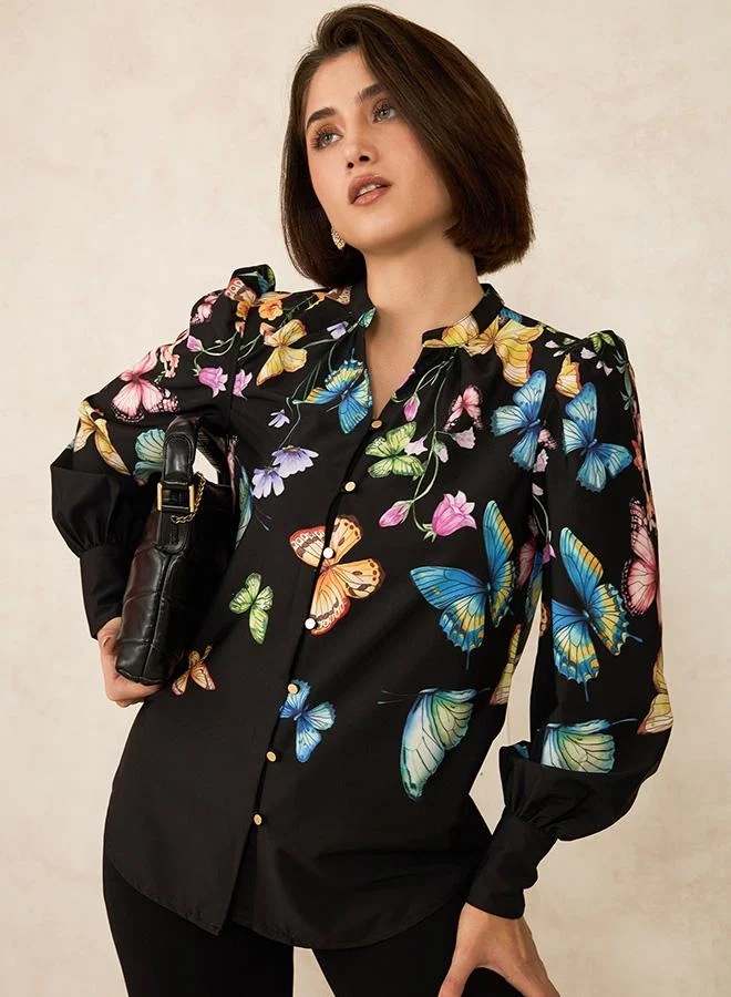 VIRGIO Satin Butterfly Printed Shirt
