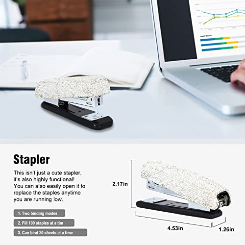 KEYPOWER Bling Crystal Luxury Handmade Diamond Round Pencil Pen Pot Holder & Stapler & Card Holder & Desktop Tape Dispenser Office Stationery Kit for Fashion Girls Women(White) - Image 4