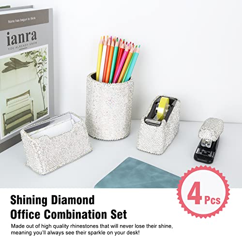 KEYPOWER Bling Crystal Luxury Handmade Diamond Round Pencil Pen Pot Holder & Stapler & Card Holder & Desktop Tape Dispenser Office Stationery Kit for Fashion Girls Women(White) - Image 2