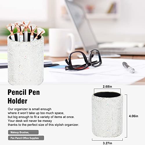 KEYPOWER Bling Crystal Luxury Handmade Diamond Round Pencil Pen Pot Holder & Stapler & Card Holder & Desktop Tape Dispenser Office Stationery Kit for Fashion Girls Women(White) - Image 3