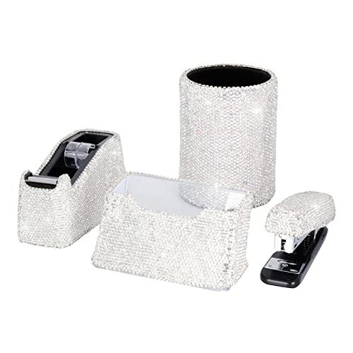 KEYPOWER Bling Crystal Luxury Handmade Diamond Round Pencil Pen Pot Holder & Stapler & Card Holder & Desktop Tape Dispenser Office Stationery Kit for Fashion Girls Women(White) - Image 1