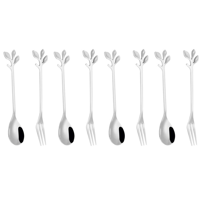 8pcs Stainless Steel Spoon Fork Creative Leaves Shape Design for Home Restaurant Hotel (Silver) - Image 1