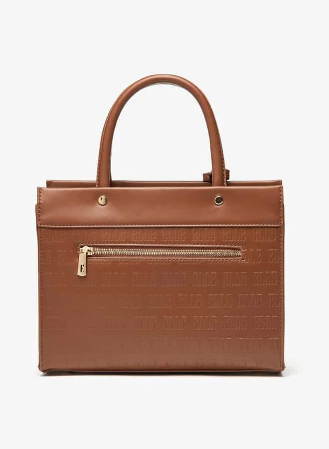 ELLE Women Monogram Embossed Tote Bag with Top Handles and Zip Closure