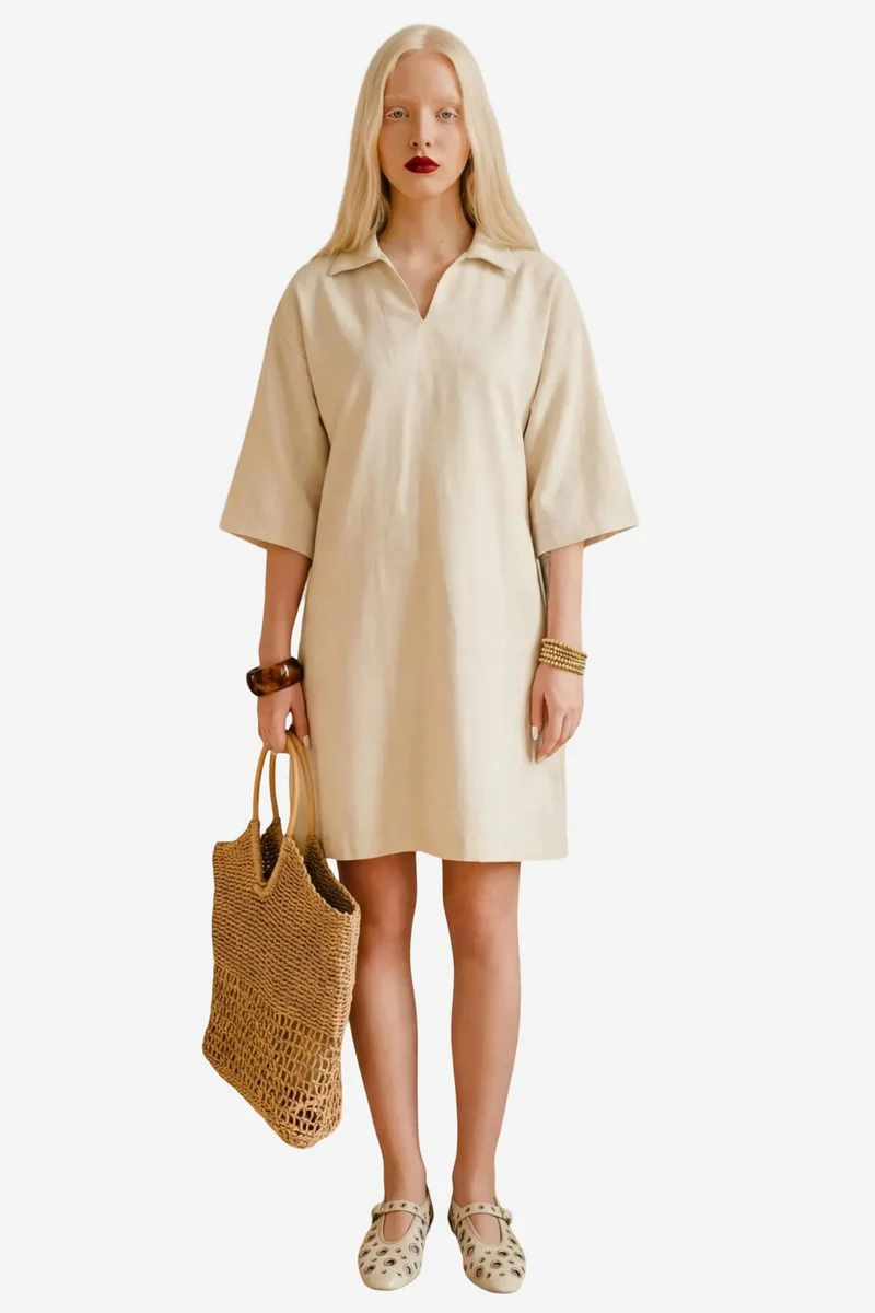 ماي فاشن MY FASHION Polo Collar Mini Dress with Three Quarter Sleeves