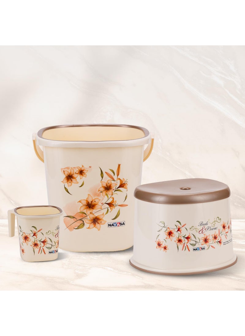 NAYASA Nayasa Plastic Square Deluxe 3 Pcs Bathroom Set | Bucket 25 L + Mug 1.5 L + 508 DLX Stool | Bath Set for Bathroom | Off - White  - Image 1