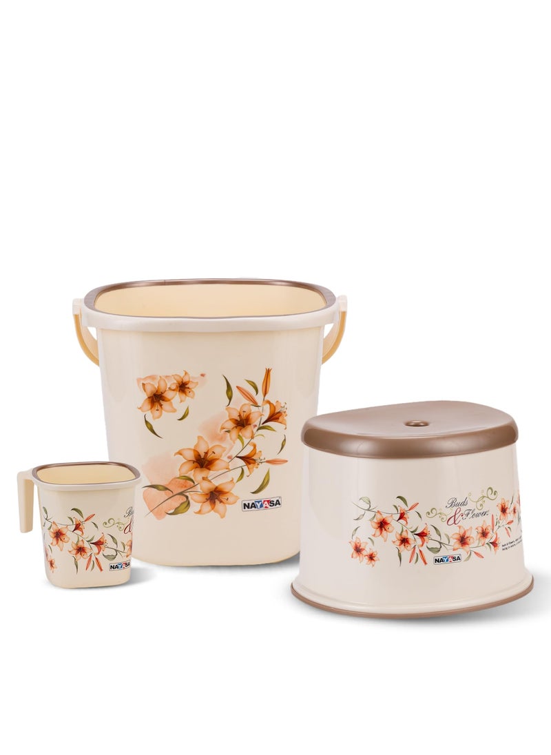 NAYASA Nayasa Plastic Square Deluxe 3 Pcs Bathroom Set | Bucket 25 L + Mug 1.5 L + 508 DLX Stool | Bath Set for Bathroom | Off - White  - Image 2