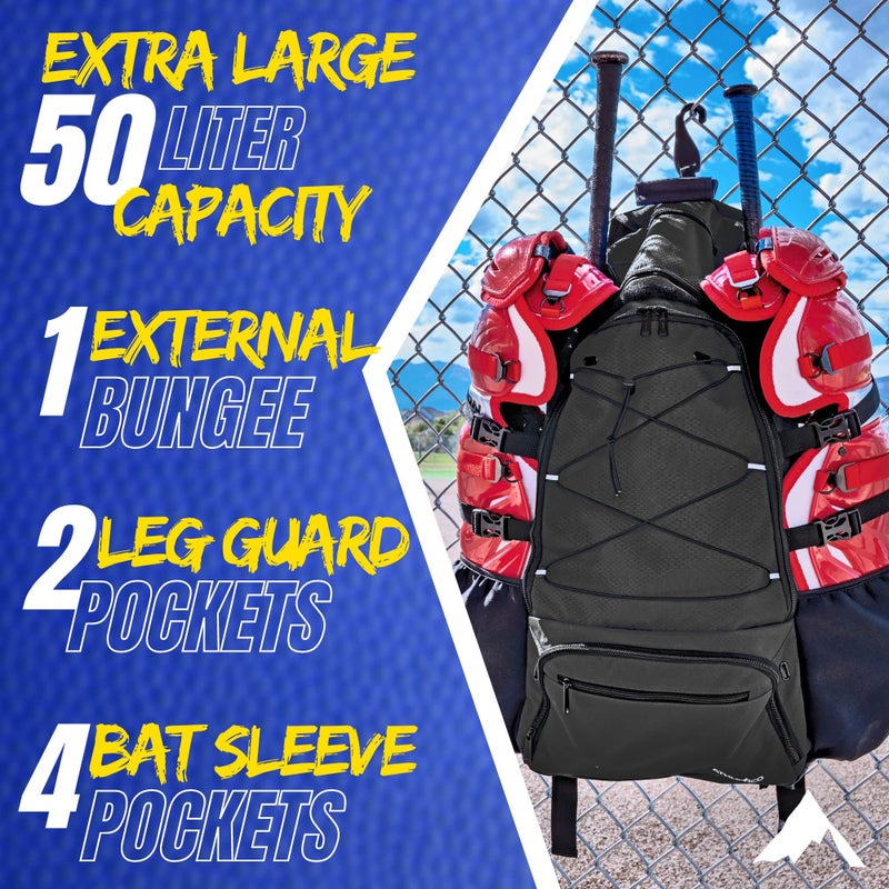 Athletico Dominator Baseball Backpack - Adult Catchers Gear Bag for 4 Bats, Large Bat Bag Holds Chest Protector, Helmet, Gloves, Cleats - Black - Image 4