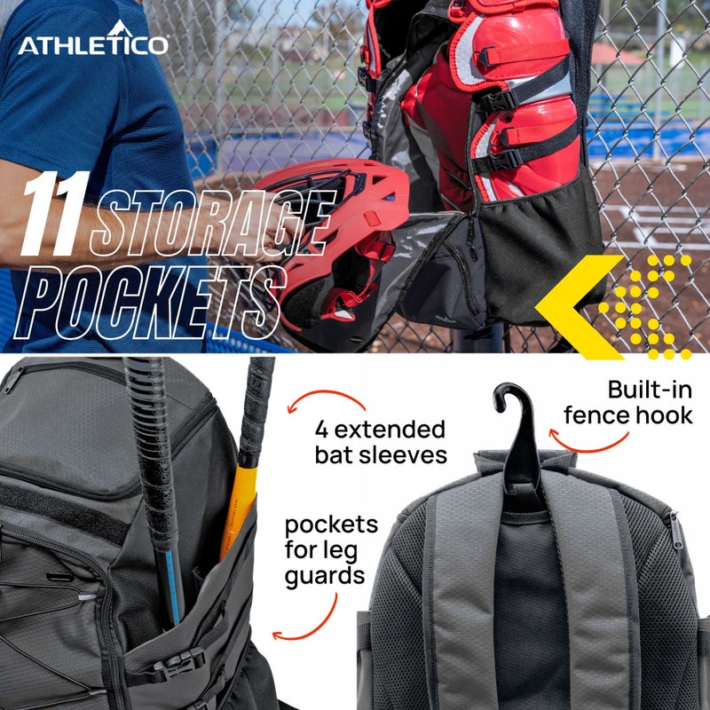 Athletico Dominator Baseball Backpack - Adult Catchers Gear Bag for 4 Bats, Large Bat Bag Holds Chest Protector, Helmet, Gloves, Cleats - Black - Image 3