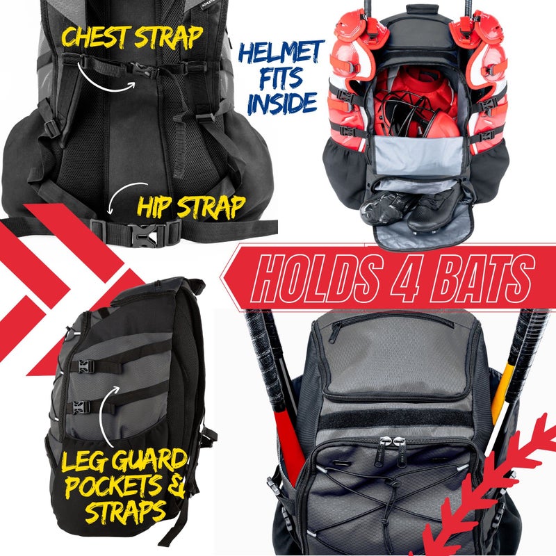 Athletico Dominator Baseball Backpack - Adult Catchers Gear Bag for 4 Bats, Large Bat Bag Holds Chest Protector, Helmet, Gloves, Cleats - Black - Image 5
