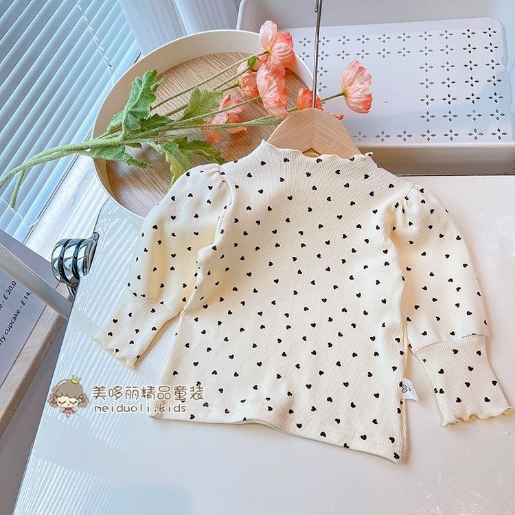 Spring and Autumn Women's Children's Wear T-shirt Base Shirt Baby Western Style Children's Personality Fashion Brand Korean Style Ear Edge Love Puff Sleeves - Image 1