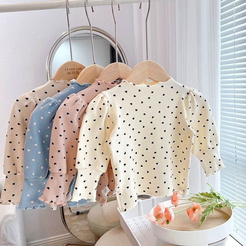 Spring and Autumn Women's Children's Wear T-shirt Base Shirt Baby Western Style Children's Personality Fashion Brand Korean Style Ear Edge Love Puff Sleeves - Image 2