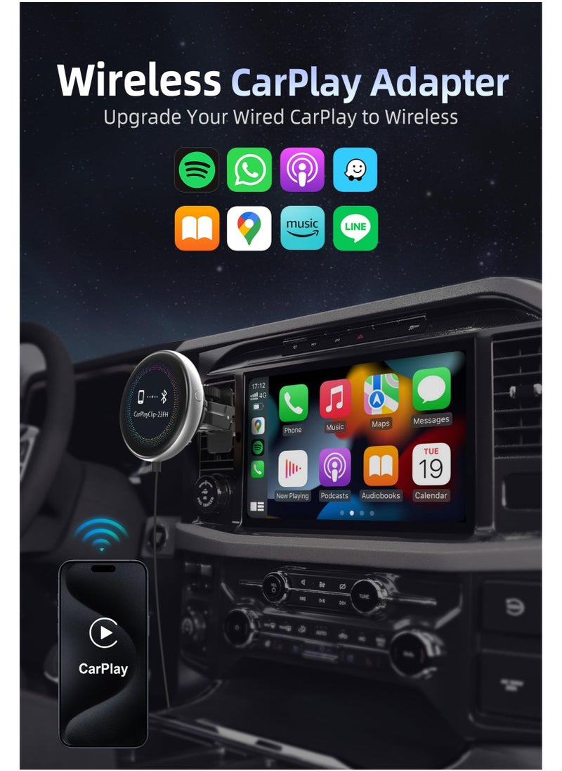 CarPlayClip Wireless Carplay Adapter for Apple iPhone with Multi Functional Screen Controlled by APP, Car Diffuser, Car Photo Frames, Music Album Cover, Car Clock, for OEM Wired CarPlay Cars