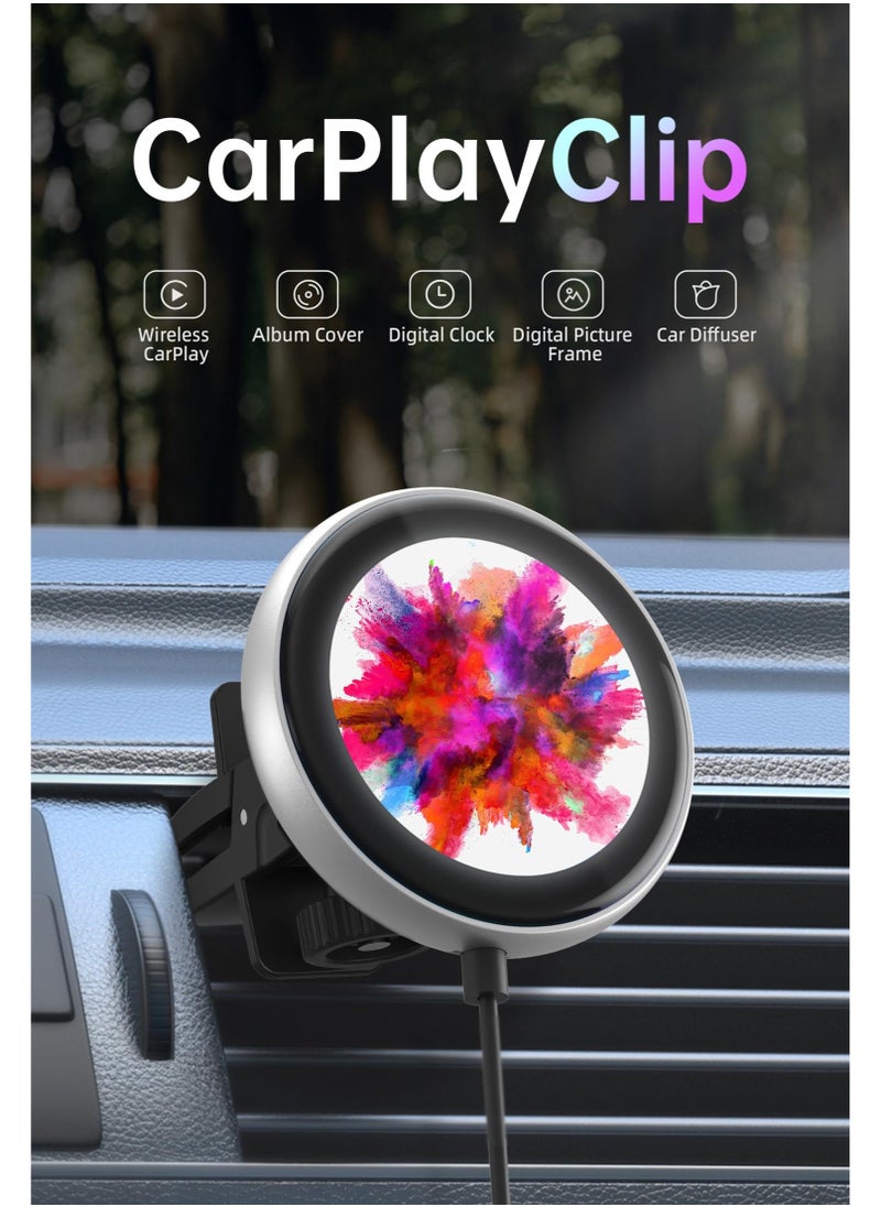 CarPlayClip Wireless Carplay Adapter for Apple iPhone with Multi Functional Screen Controlled by APP, Car Diffuser, Car Photo Frames, Music Album Cover, Car Clock, for OEM Wired CarPlay Cars