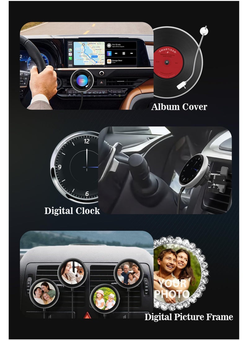 CarPlayClip Wireless Carplay Adapter for Apple iPhone with Multi Functional Screen Controlled by APP, Car Diffuser, Car Photo Frames, Music Album Cover, Car Clock, for OEM Wired CarPlay Cars