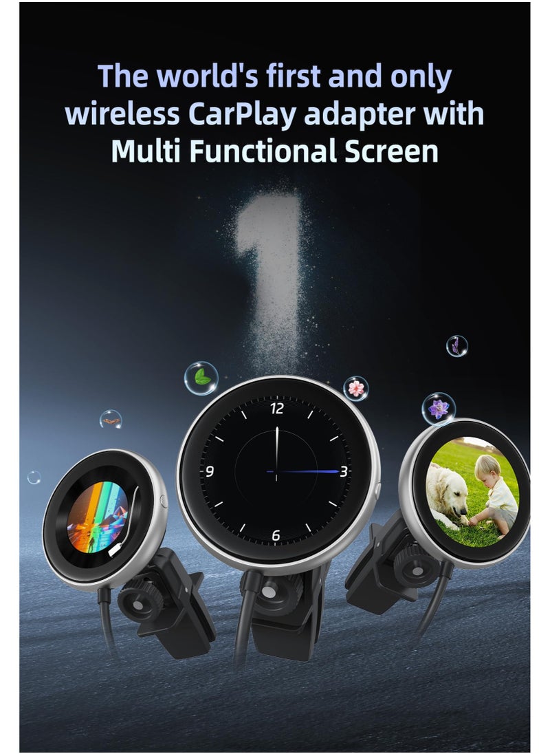 CarPlayClip Wireless Carplay Adapter for Apple iPhone with Multi Functional Screen Controlled by APP, Car Diffuser, Car Photo Frames, Music Album Cover, Car Clock, for OEM Wired CarPlay Cars