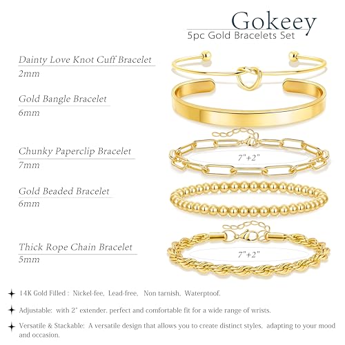 Gokeey Gold Cuff Bracelets for Women Waterproof, 14K Gold Plated Chunky Beaded Bracelet for Women, Satckable Forever Love Knot Infinity Paperclip Cuban Twist Bracelets Satck Set Gold Bangles for Women Jewelry Trendy - Image 4