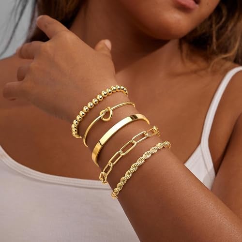 Gokeey Gold Cuff Bracelets for Women Waterproof, 14K Gold Plated Chunky Beaded Bracelet for Women, Satckable Forever Love Knot Infinity Paperclip Cuban Twist Bracelets Satck Set Gold Bangles for Women Jewelry Trendy - Image 3