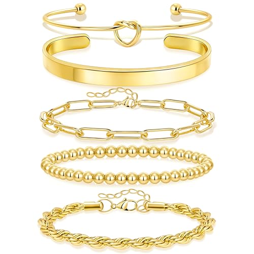 Gokeey Gold Cuff Bracelets for Women Waterproof, 14K Gold Plated Chunky Beaded Bracelet for Women, Satckable Forever Love Knot Infinity Paperclip Cuban Twist Bracelets Satck Set Gold Bangles for Women Jewelry Trendy - Image 1