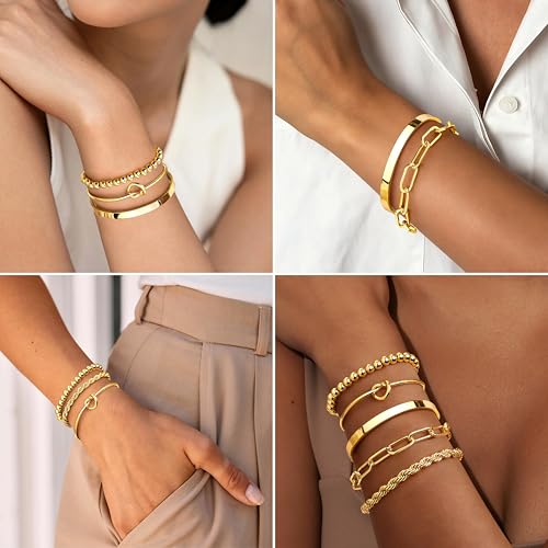 Gokeey Gold Cuff Bracelets for Women Waterproof, 14K Gold Plated Chunky Beaded Bracelet for Women, Satckable Forever Love Knot Infinity Paperclip Cuban Twist Bracelets Satck Set Gold Bangles for Women Jewelry Trendy - Image 5