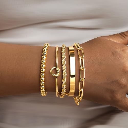 Gokeey Gold Cuff Bracelets for Women Waterproof, 14K Gold Plated Chunky Beaded Bracelet for Women, Satckable Forever Love Knot Infinity Paperclip Cuban Twist Bracelets Satck Set Gold Bangles for Women Jewelry Trendy - Image 2