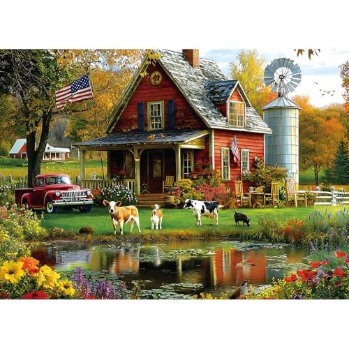 Blueforest Autumn Farm Jigsaw Puzzles 1000 Pieces for Adults Vintage Country Scene with Red Farmhouse Pickup Truck FamilyFriendly Countryside Puzzle Games with Reference Poster 276x197 - Image 1
