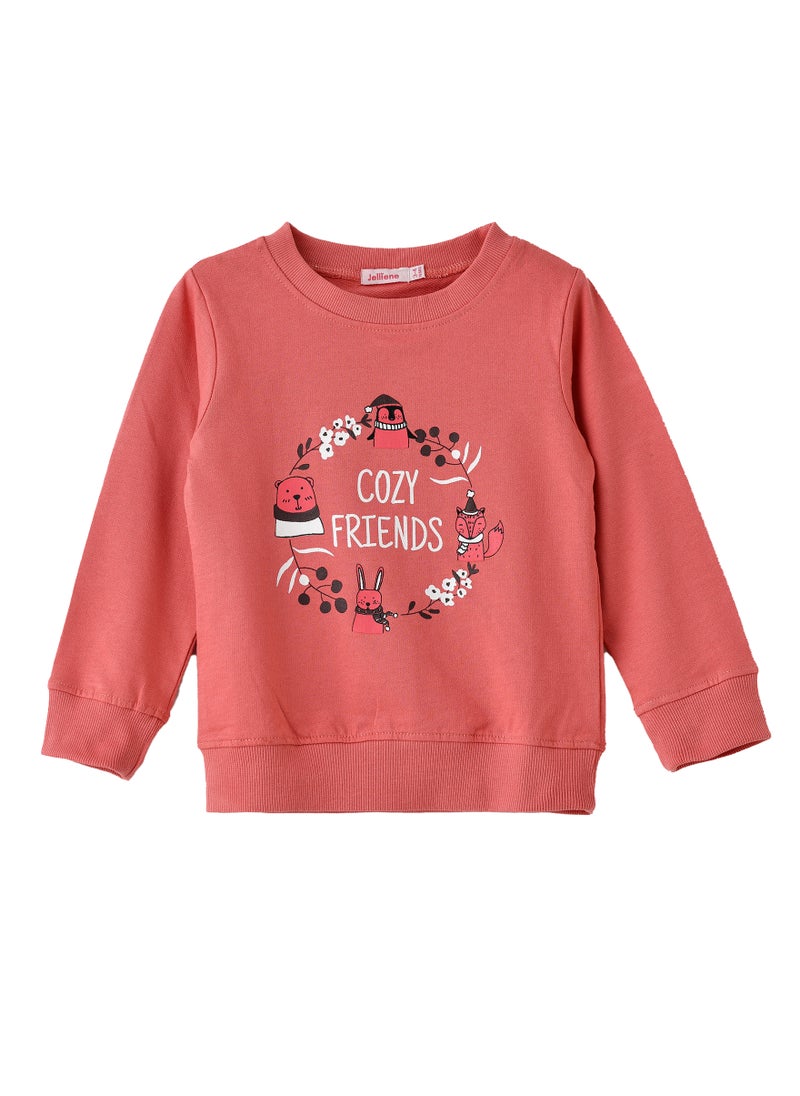 Jelliene Girls Coral Sweatshirt - Cozy Friends Print  - Image 1