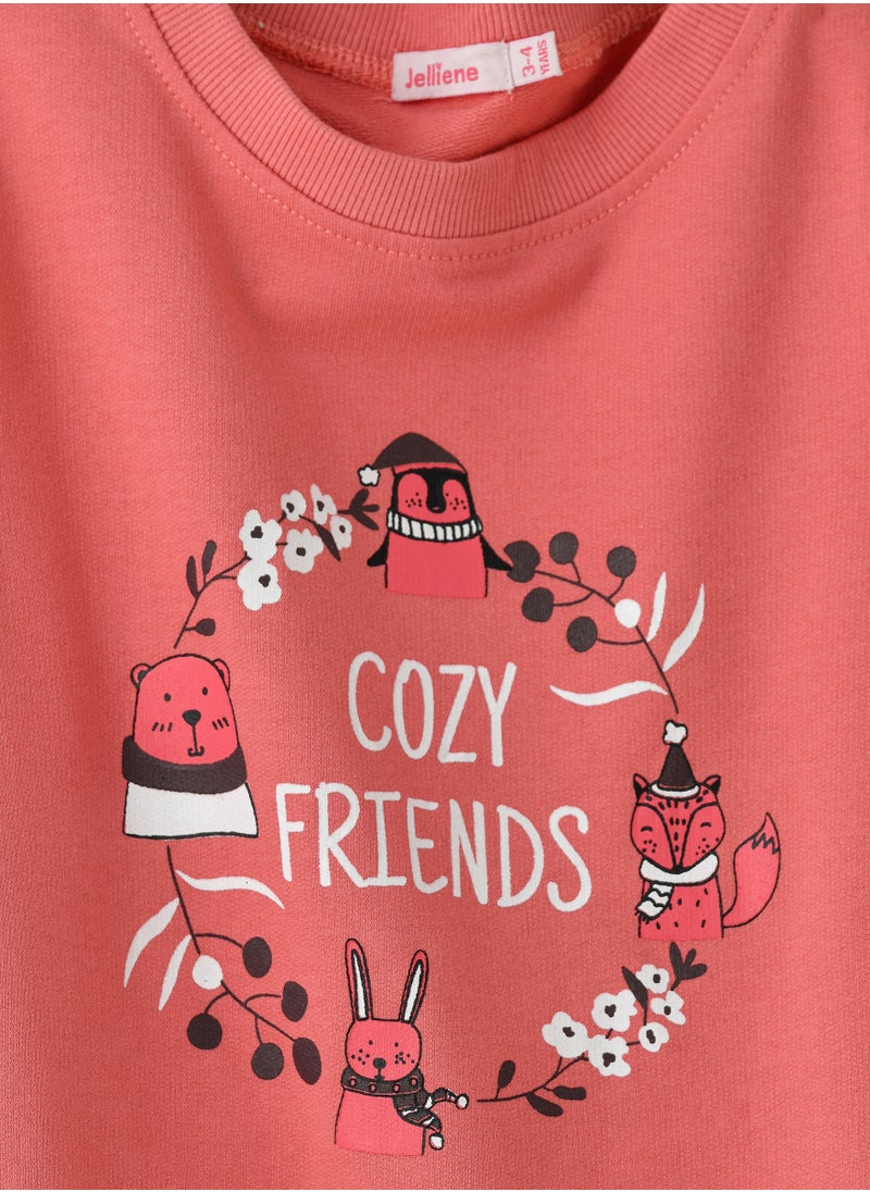 Jelliene Girls Coral Sweatshirt - Cozy Friends Print  - Image 3