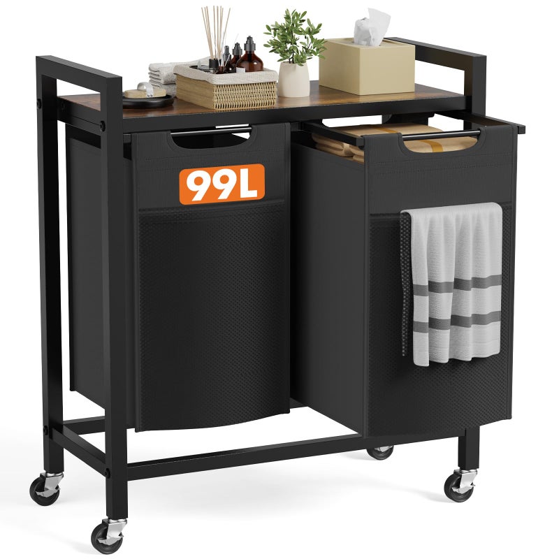 DUMOS Laundry Hamper with 2 Pull-Out Removable Sorter Bags, Movable Wheels, Freestanding Clothes Basket Organizer in Bathroom, 2 Ã— 13.1Gal (99L) Capacity, Rustic Brown and Black - Image 1